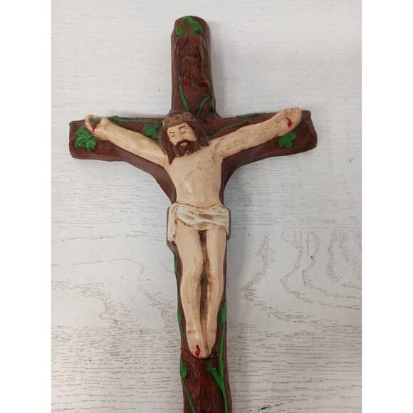 Vintage Ceramic Cross Crucifix Jesus Christ Hand Painted Wall Hanging Religious - Picture 2 of 9